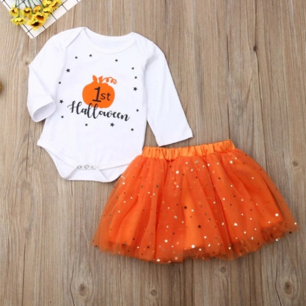 Girl girls toddler outfit onesie skirt First Halloween pumpkin orange new - Picture 2 of 5